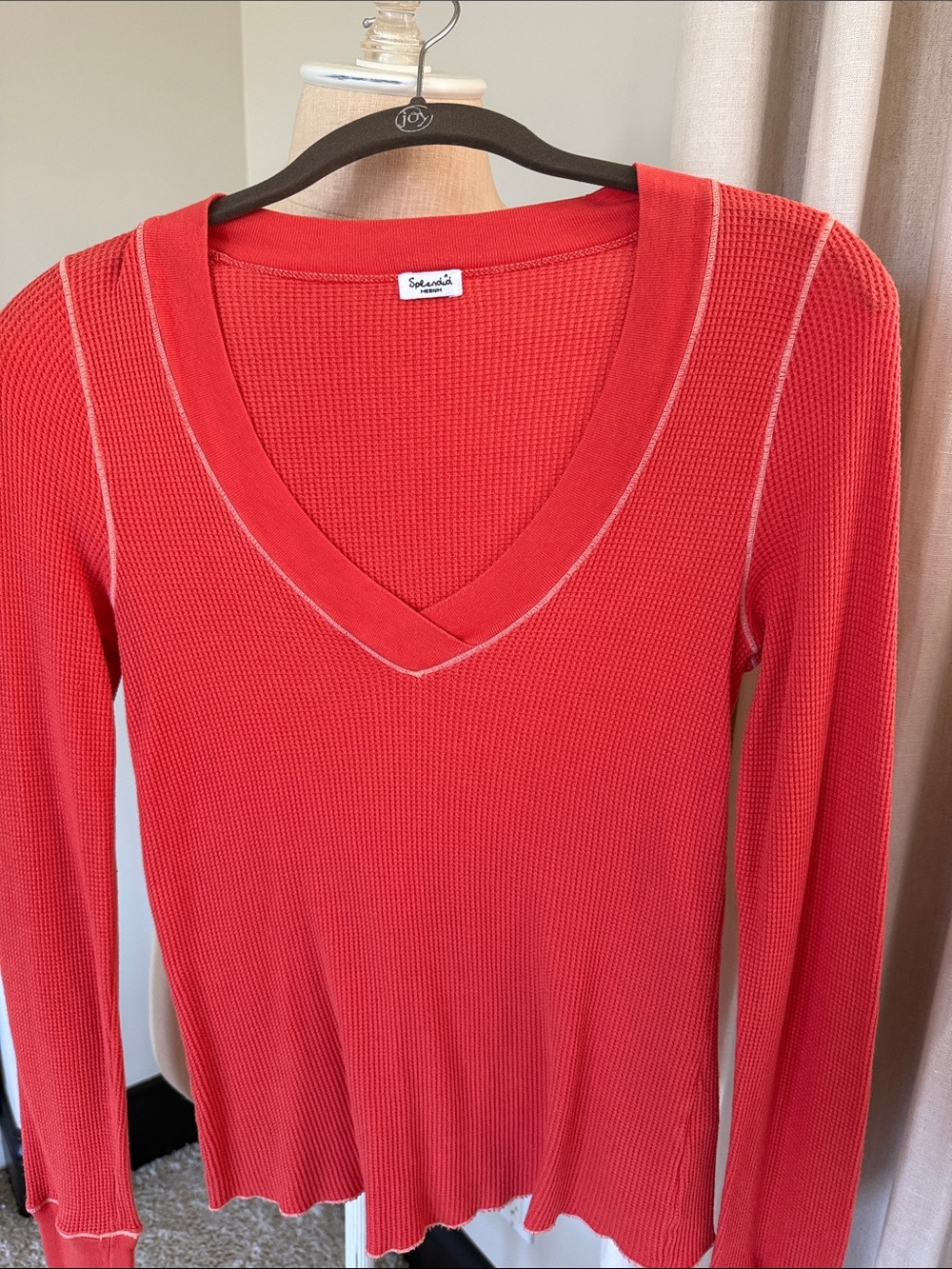 Splendid Coral Red Waffle V-Neck Long Sleeve Top